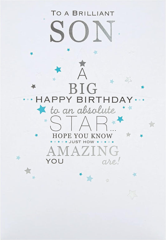 Silver foil birthday greeting card featuring star designs from Hallmark, perfect for celebrating special occasions.