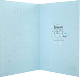 Star Son silver foil birthday greeting card by Hallmark featuring a festive design and shiny silver accents.