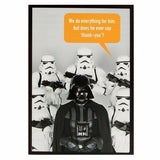Hallmark Star Wars greeting card featuring the quote "Does He Ever Say Thank You?" with Star Wars-themed design.