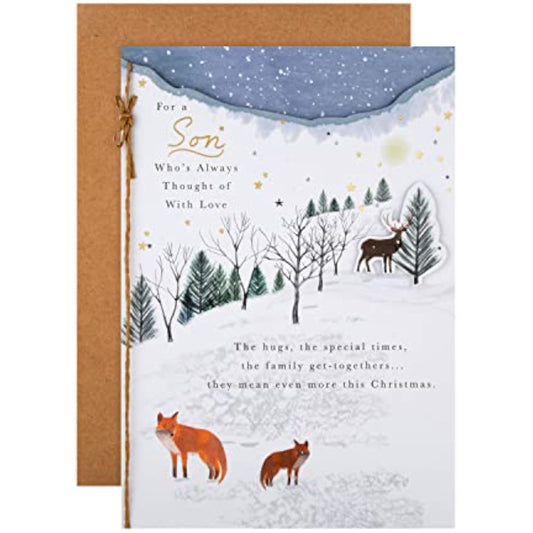 Hallmark traditional winter scene Christmas greeting card for son, featuring festive holiday imagery and warm seasonal design.