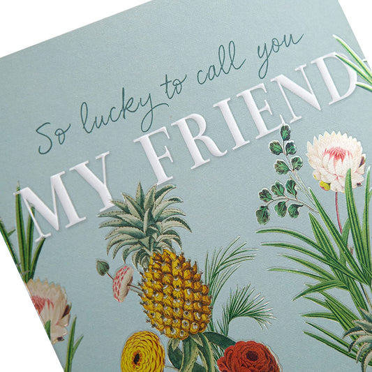 Vintage botanical gold greeting card with floral design and "Friend" message, perfect for birthday celebrations.