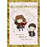 Hallmark Harry Potter granddaughter birthday greeting card featuring magical Hogwarts design and celebratory message.