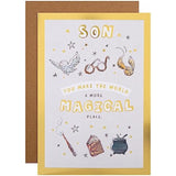 Hallmark Harry Potter birthday greeting card featuring Harry Potter character, designed for a son's special birthday celebration.