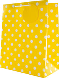 Yellow and white multi-occasion greeting card gift bag bundle by Hallmark with decorative designs and handles.
