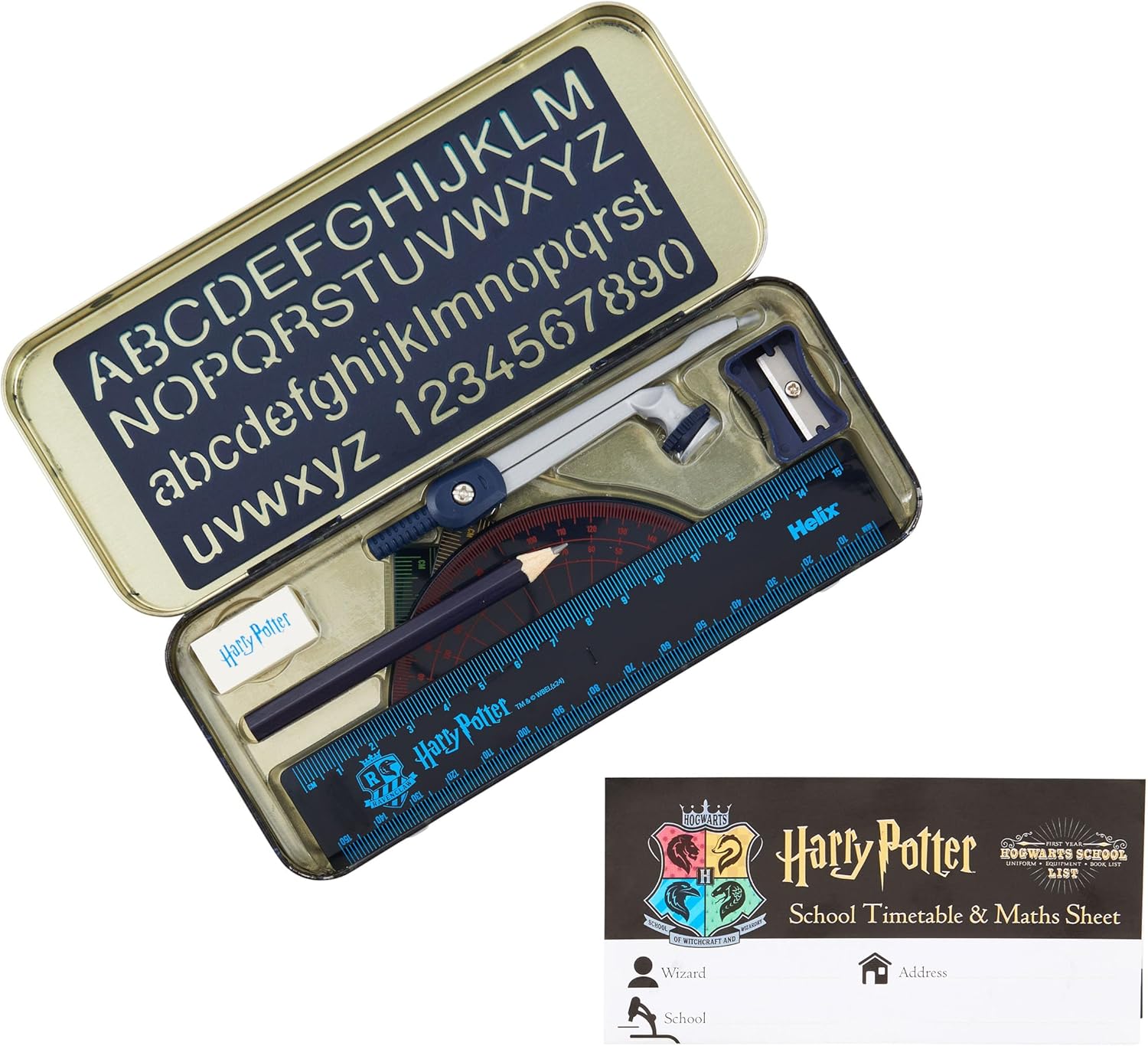 Harry Potter stationery set by Helix including notebooks, pens, and stickers with magical wizard-themed designs.