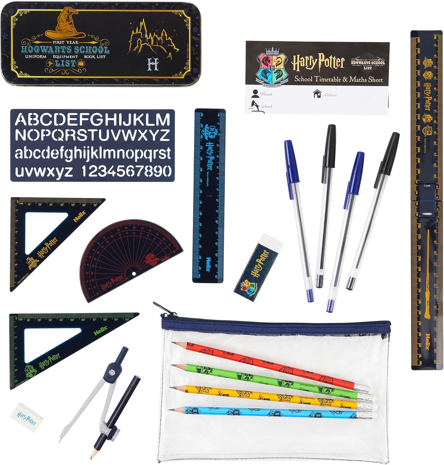 Harry Potter stationery set by Helix including notebooks, pens, and accessories with Harry Potter themed designs.
