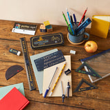 Harry Potter stationery set by Helix featuring wizard-themed notebooks, pens, and accessories on a colorful display.