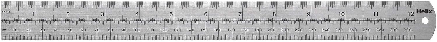 Helix 12-inch steel metal ruler with dead length design, featuring clear measurement markings on a smooth metal surface.