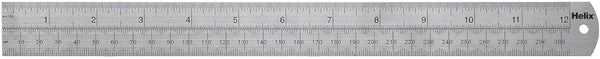 Helix 12-inch steel metal ruler with dead length design, featuring clear measurement markings on a smooth metal surface.