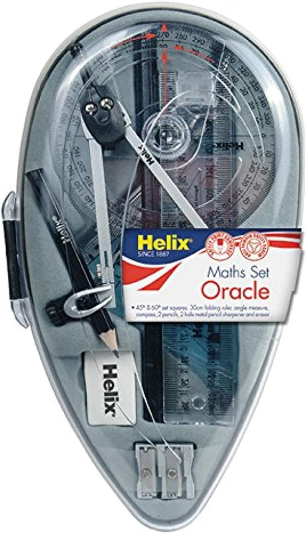 Helix Compact Essential Oracle Maths Set featuring 9 pieces, including mathematical tools and oracle cards for educational use.