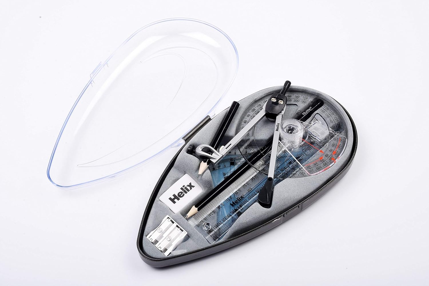 Helix Compact Essential Oracle Maths Set with 9 pieces, including rulers, protractors, and calculators for math and geometry.