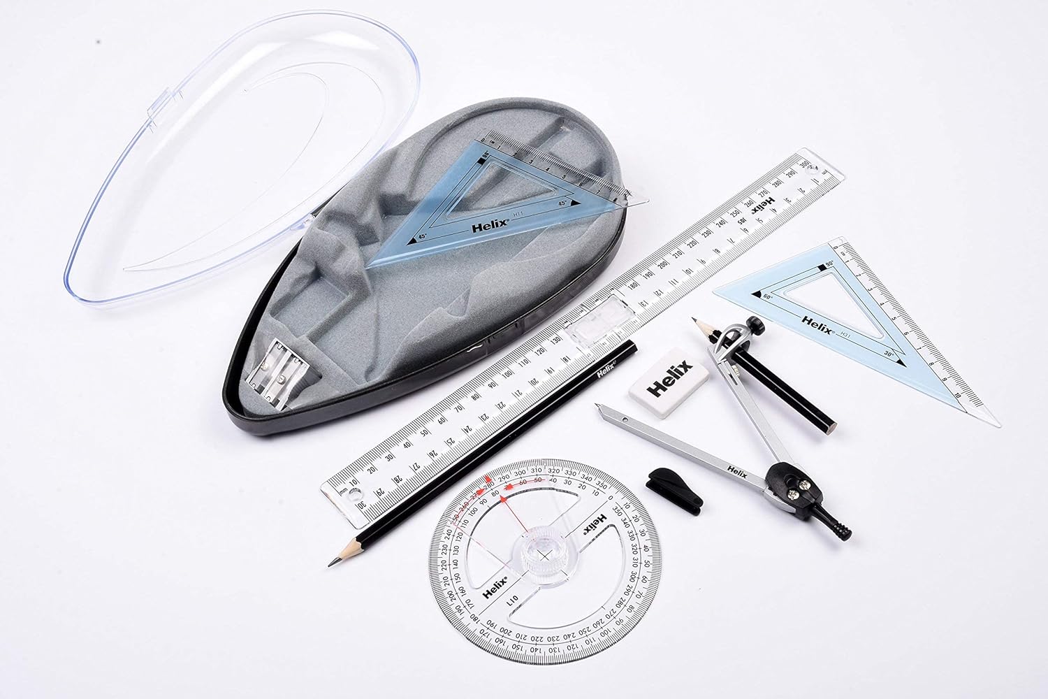 Helix Compact Essential Oracle Maths Set with 9 pieces, including rulers, protractor, and erasers for educational math activities.