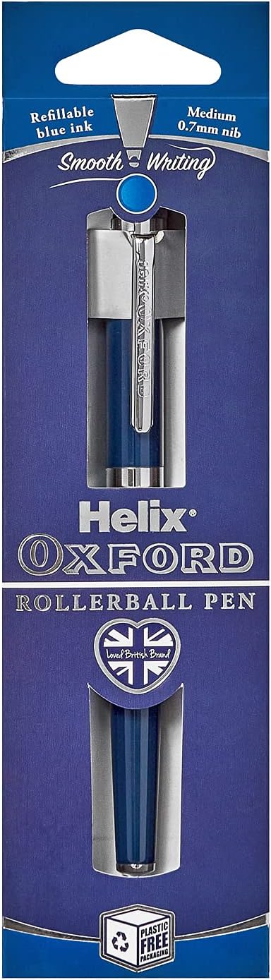 Helix Oxford Premium rollerball pen with blue ink and plastic-free packaging, featuring a sleek design and smooth writing tip.
