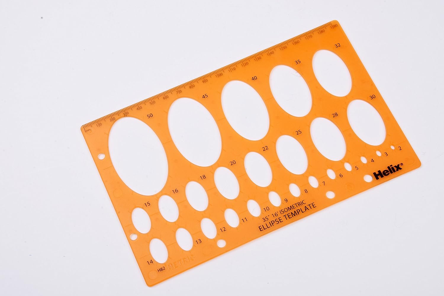 Helix Metric Ellipse Template showing various ellipse shapes and measurement guides on transparent plastic.