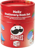 Helix Pringles desk set featuring a Pringles can-shaped pen holder with pens and a matching notepad on a desk.