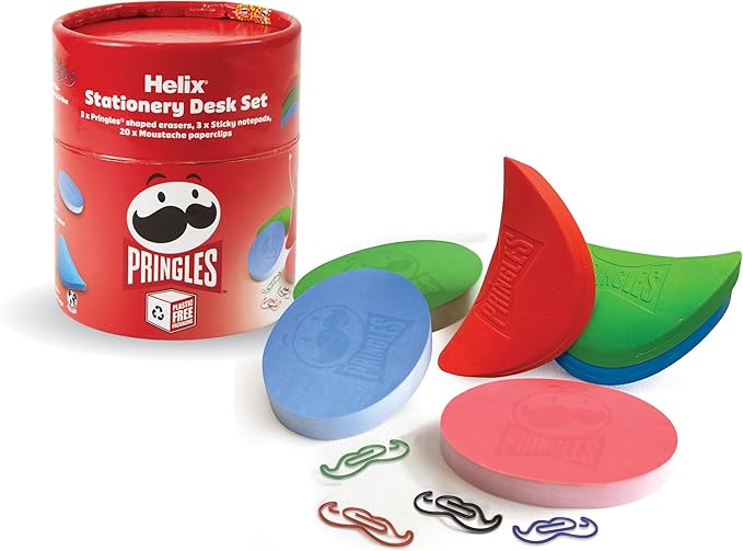 Helix Pringles Desk Set with branded notepad, pen, and snack container on a wooden desk background.