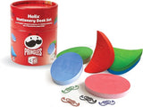 Helix Pringles Desk Set with branded notepad, pen, and snack container on a wooden desk background.