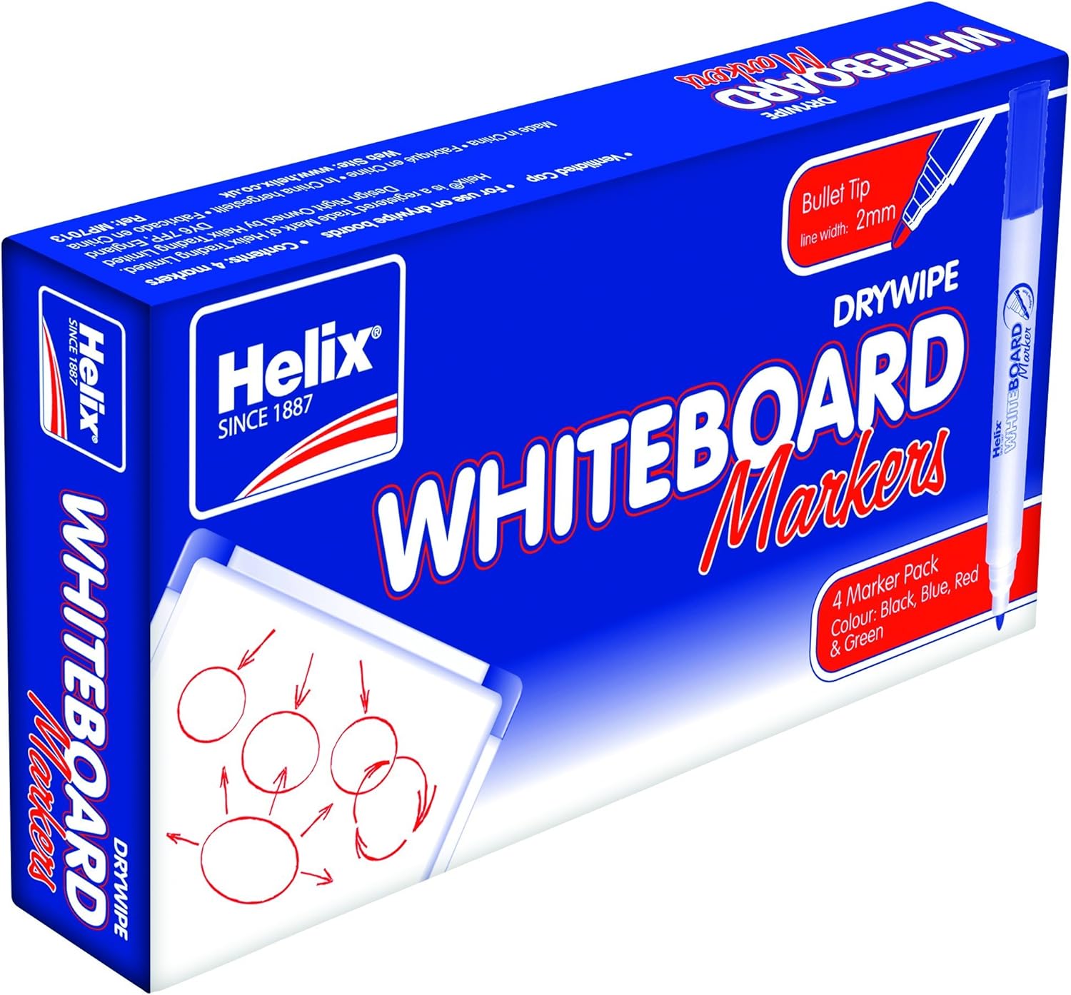 Set of four Helix whiteboard bullet tip marker pens in assorted colors, perfect for writing and drawing on whiteboards.