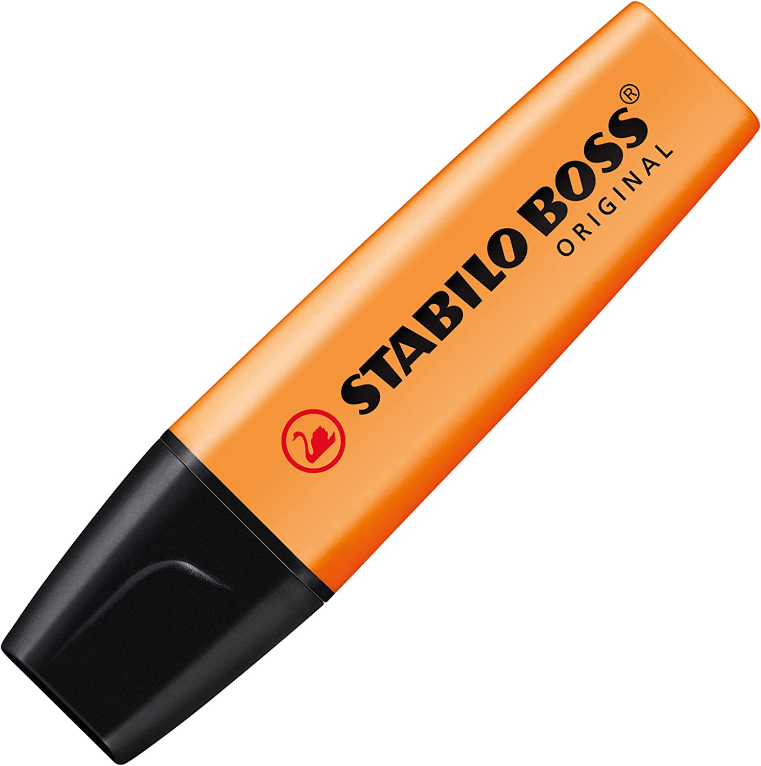 Refillable Stabilo BOSS Orange highlighter with chisel tip, ideal for marking and emphasizing text in stationery use.