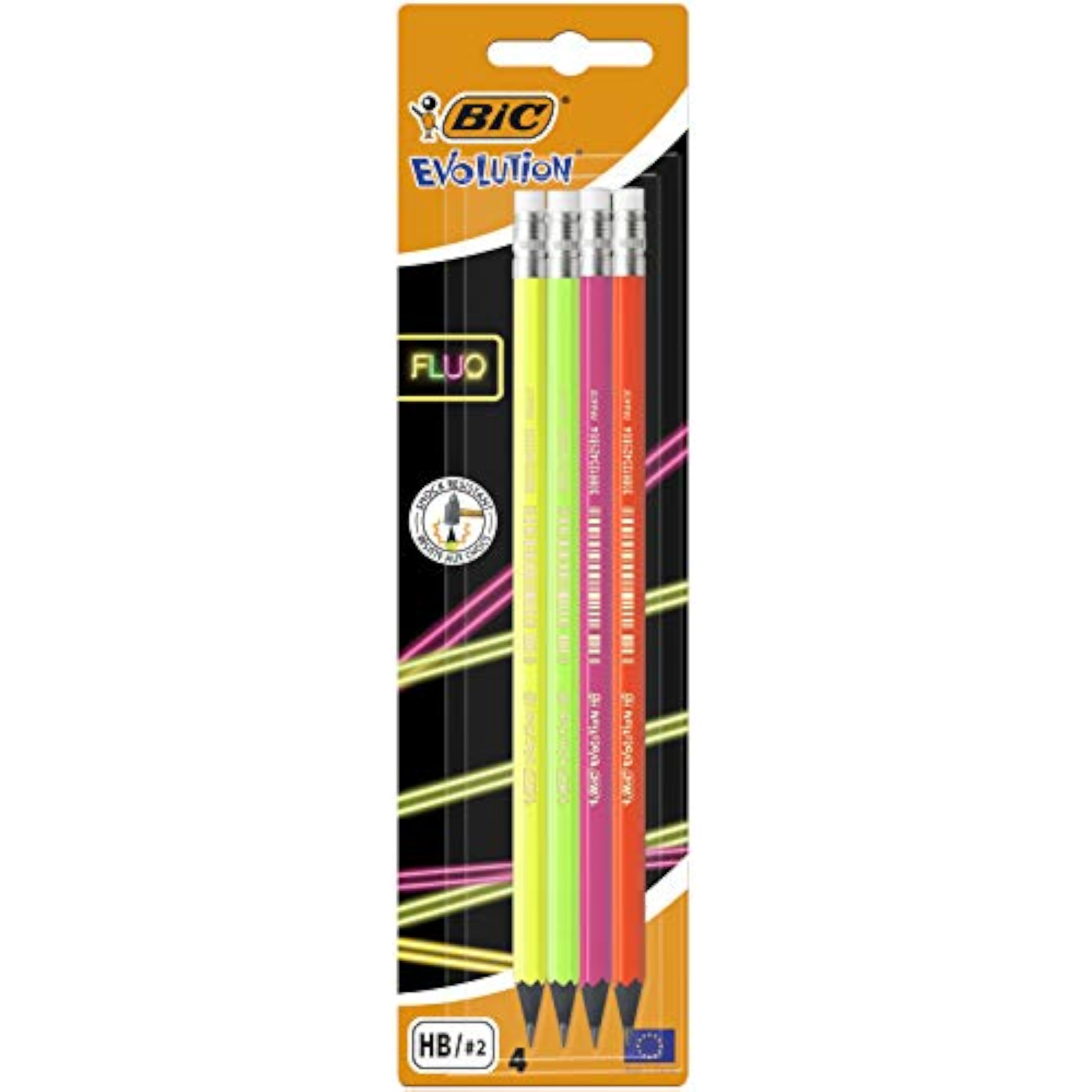 Evolution Fluorescent Pencil Assorted Colours with Eraser Tips (Pack of 4)