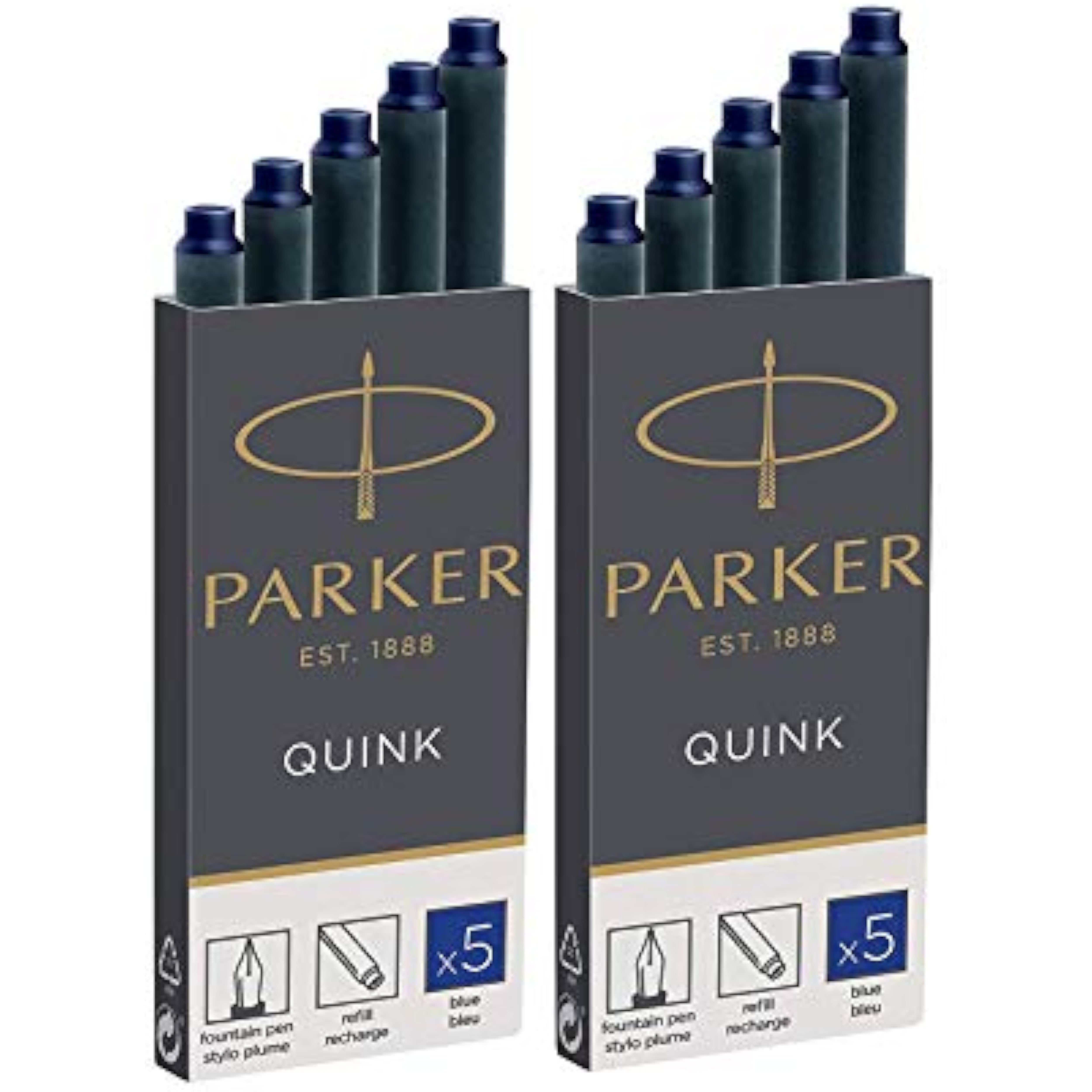 Parker Quink Ink Cartridges - Long Size - 2 x Pack of 5 (10 in total) - Blue