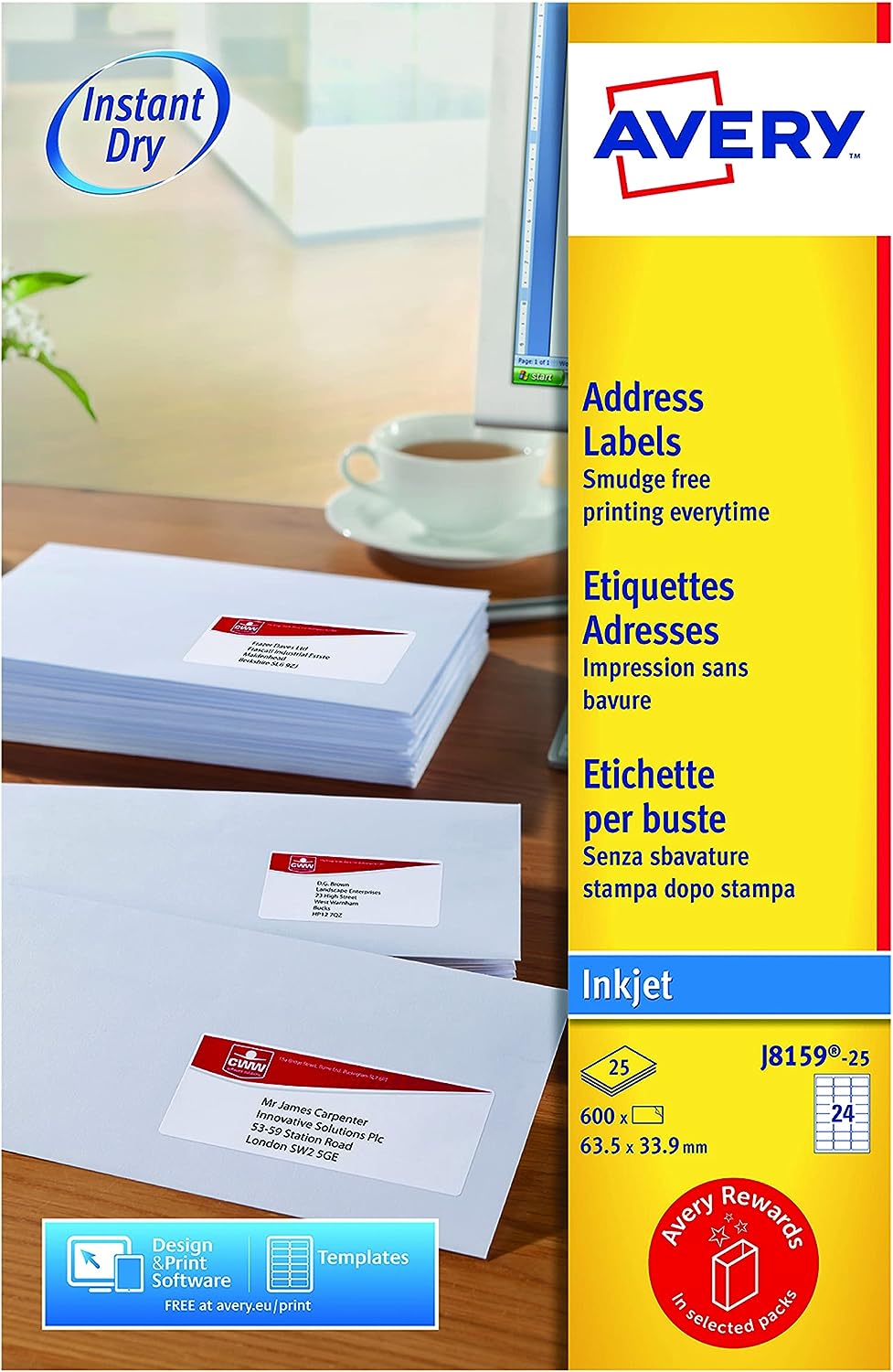 Avery White A4 Self-Adhesive 64 x 34mm Address 2400 Labels