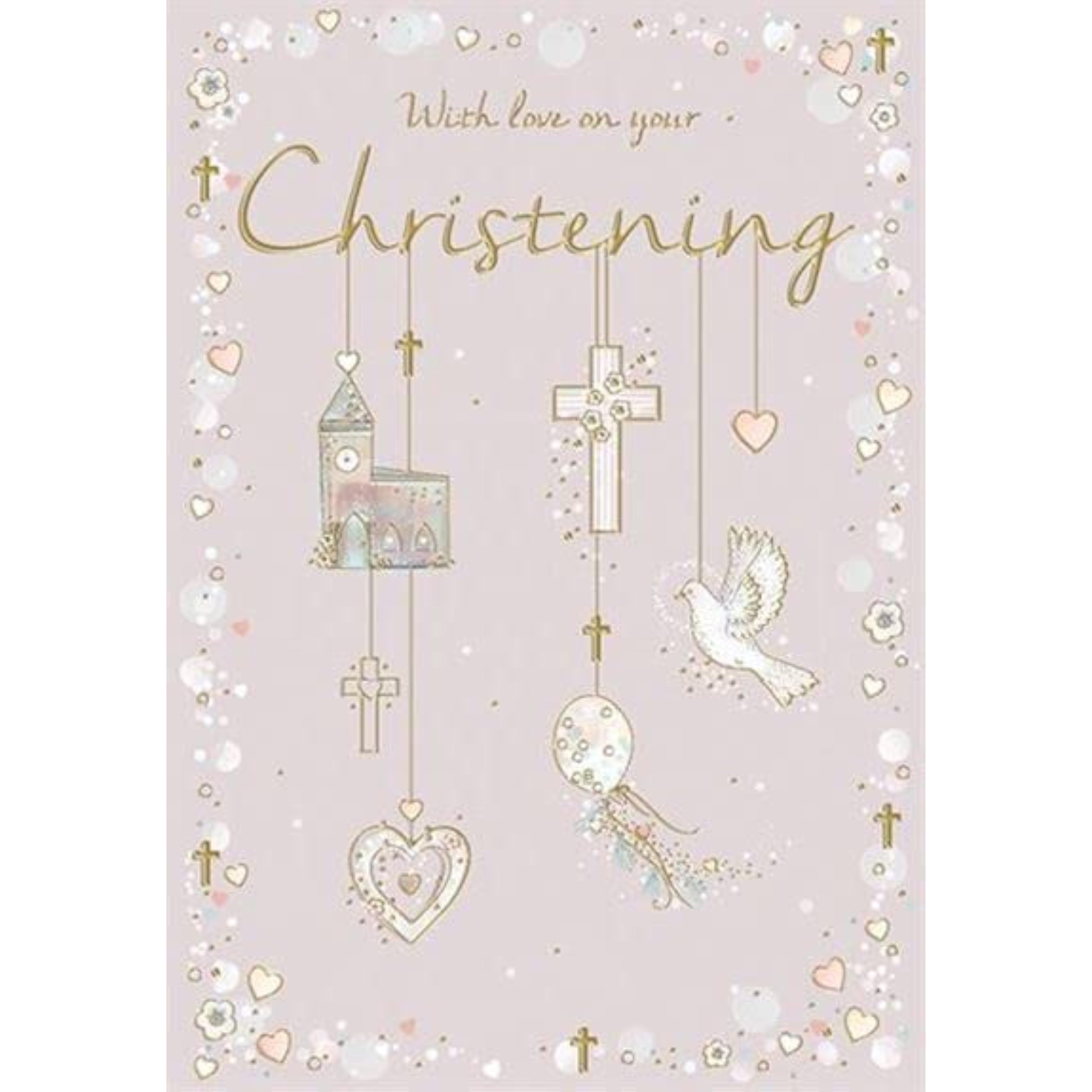 Christening Card for Girls - Church, Hearts, and Dove with Silver Foil & Flitter