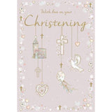 Christening Card for Girls - Church, Hearts, and Dove with Silver Foil & Flitter