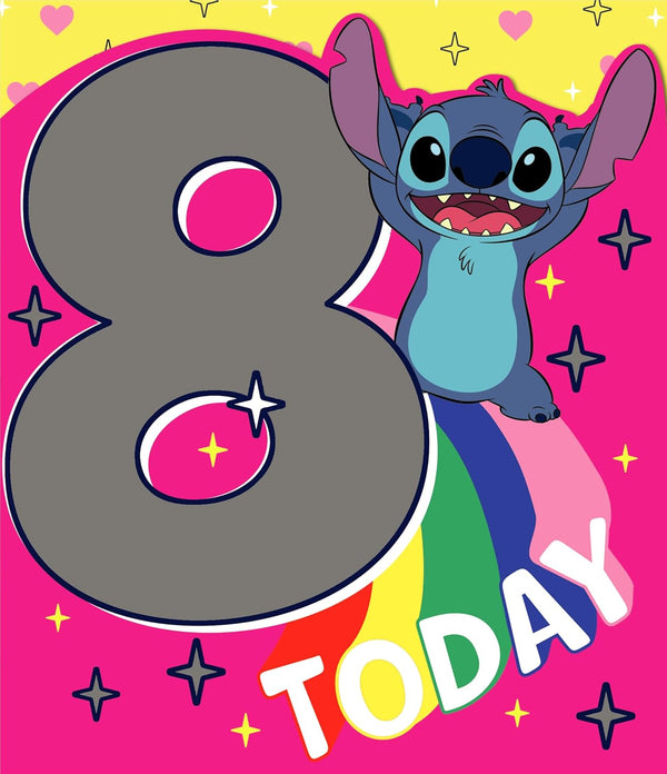 Disney Stitch 8th birthday greeting card for girls featuring a cute Stitch design, perfect for nieces, granddaughters, or daughters.