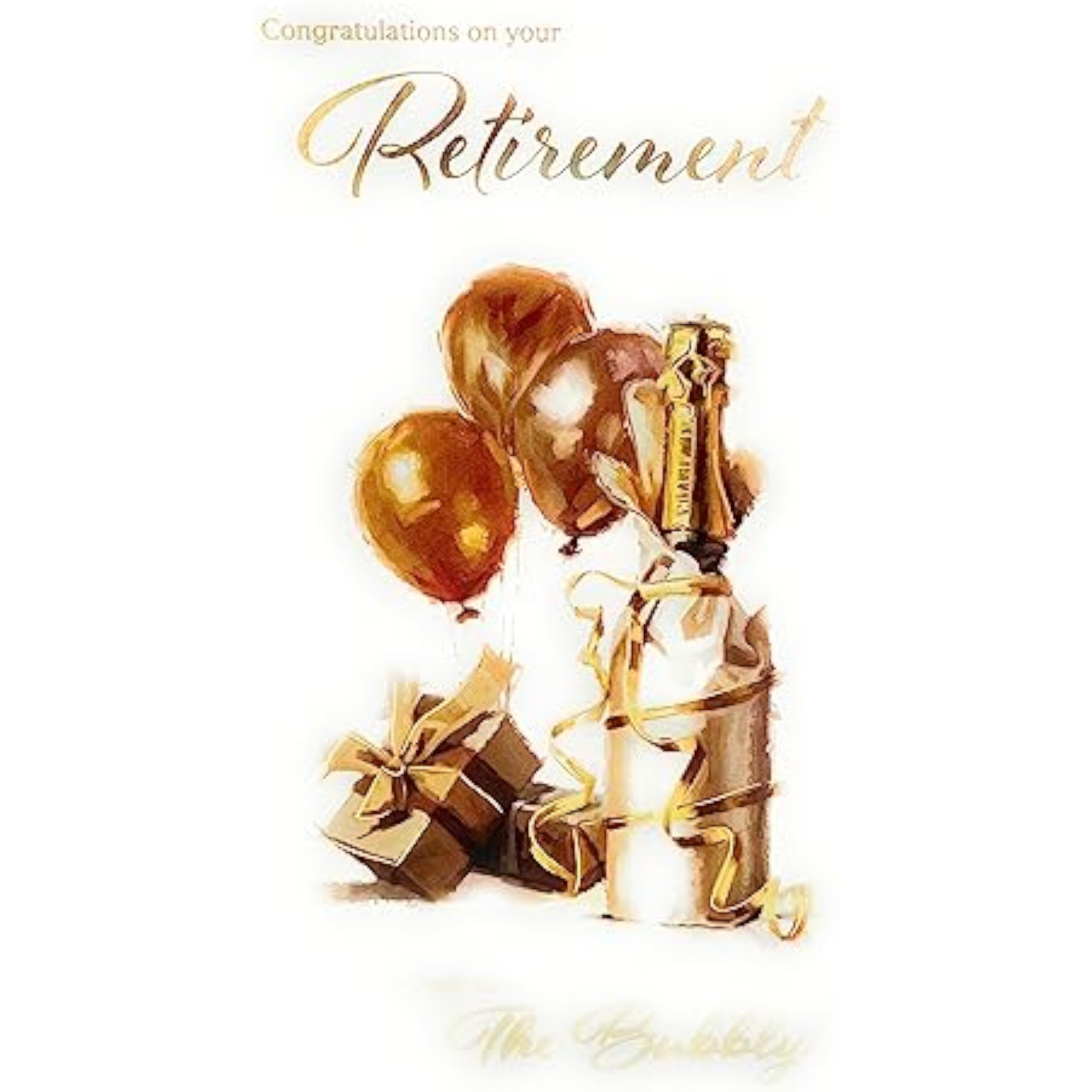 Cheers Retirement Bubbly Gold greeting card by ICG featuring festive design for celebrating retirement milestones.