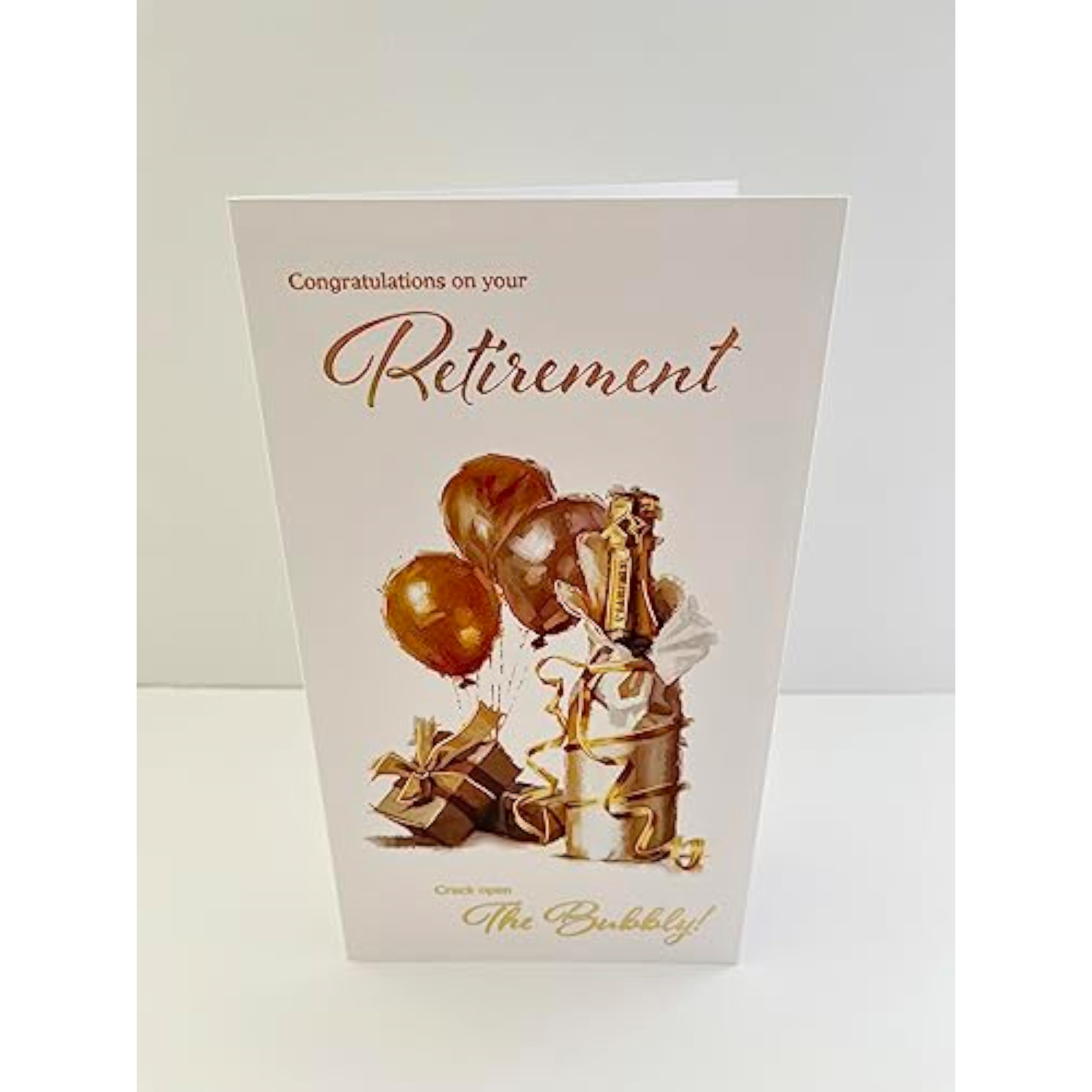 Cheerful Cheers Retirement Bubbly Gold greeting card by ICG featuring celebratory design with gold accents and festive imagery.