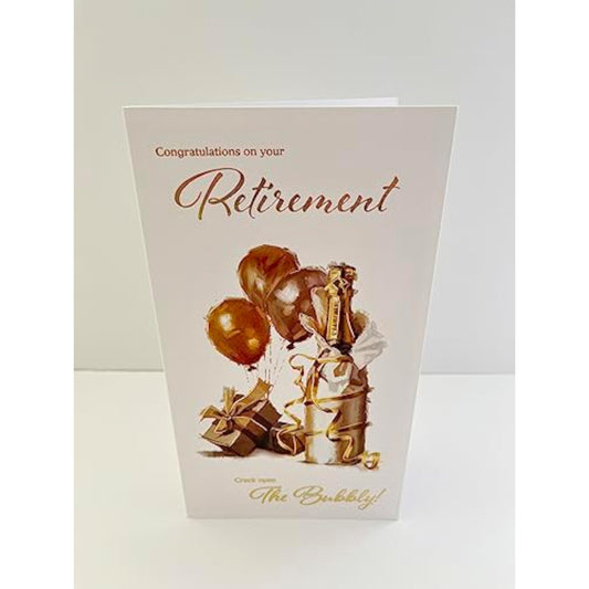 Cheerful Cheers Retirement Bubbly Gold greeting card by ICG featuring celebratory design with gold accents and festive imagery.