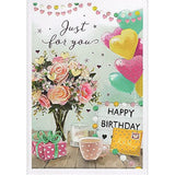 Female Just For You Happy Birthday greeting card featuring a vase of flowers, balloons, and presents by ICG.