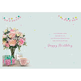 Female Just For You Happy Birthday greeting card featuring a vase of flowers, balloons, and presents, designed by ICG.