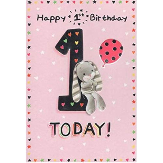 Girls 1st birthday greeting card from ICG's Hun Bun Range featuring a rabbit and balloon with foil and embossed finish.