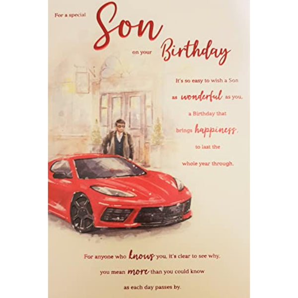 Red sports car greeting card for son's birthday by ICG, featuring a sleek vehicle design on the front.