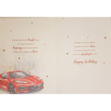 Red sports car birthday greeting card featuring a sleek race car design, perfect for a son's birthday celebration.