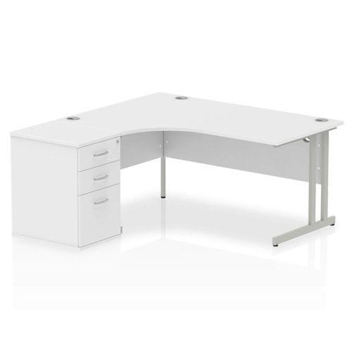 Dynamic Impulse 1600mm Left Crescent Desk White Top Silver Cantilever Leg Workstation 600mm Deep Desk High Pedestal Bundle