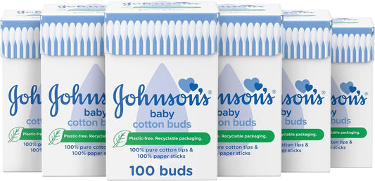 Johnson's Baby Cotton Buds, soft cotton swabs for gentle cleaning and skincare, displayed in a clear package.