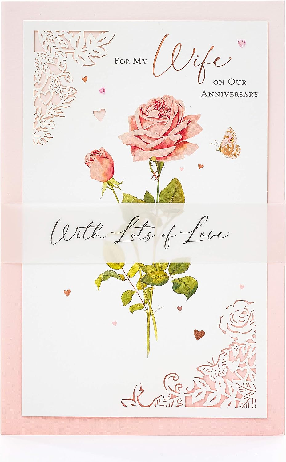 Wife Anniversary Card Classic Pink Rose Design With Romantic Message Inside