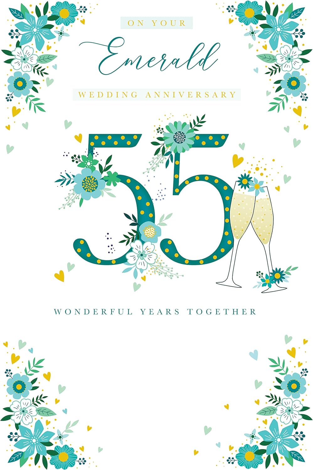Elegant Kingfisher Champagne Emerald 55th Anniversary greeting card with floral design and gold accents.