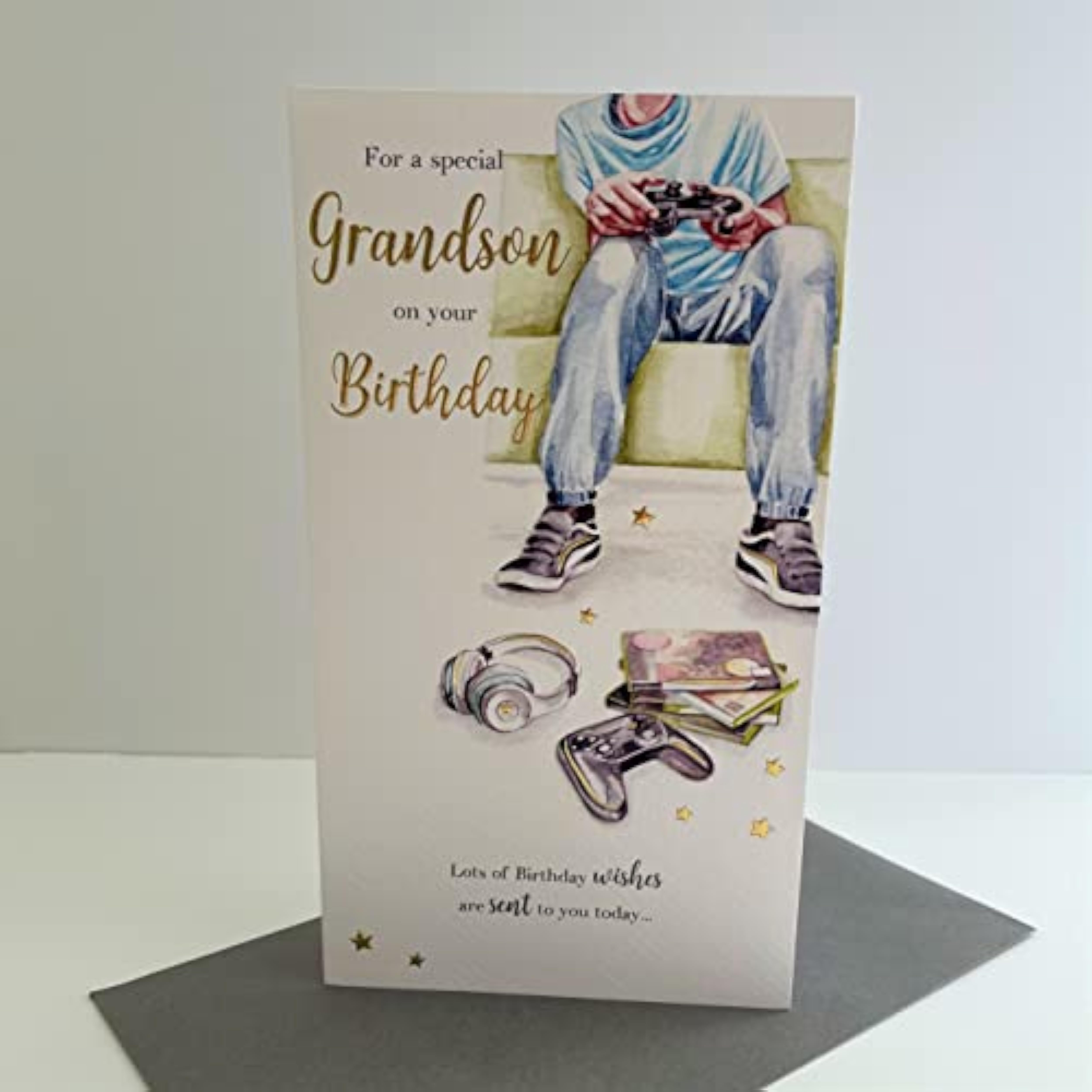 Male Birthday Card From the Just For You x Range - Grandson Gaming Video Games - Gold Foil and Embossed Finish - For Him