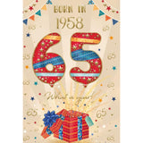 2023 Male Age 65 Milestone Birthday Card - 65th Birthday Balloons and Present - Born in 1958 Year You Were Born - Embossed with Gold Foil