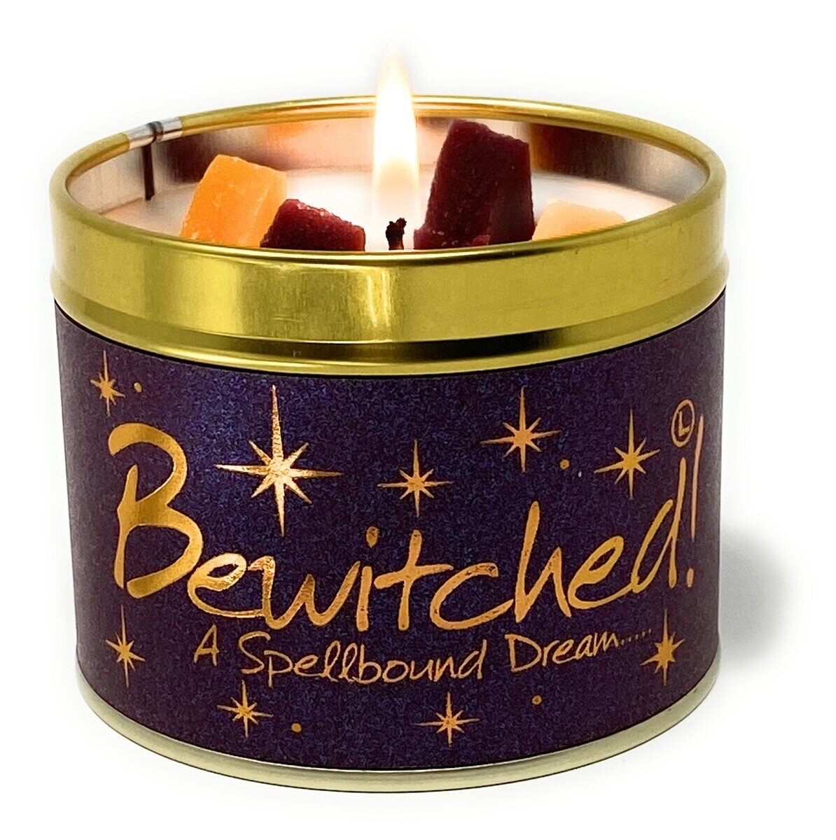 Lily-Flame Bewitched scented tin candle with mystical purple and black design, featuring a witch and moon illustration.
