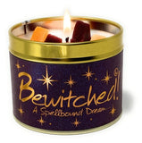 Lily-Flame Bewitched scented tin candle with mystical purple and black design, featuring a witch and moon illustration.
