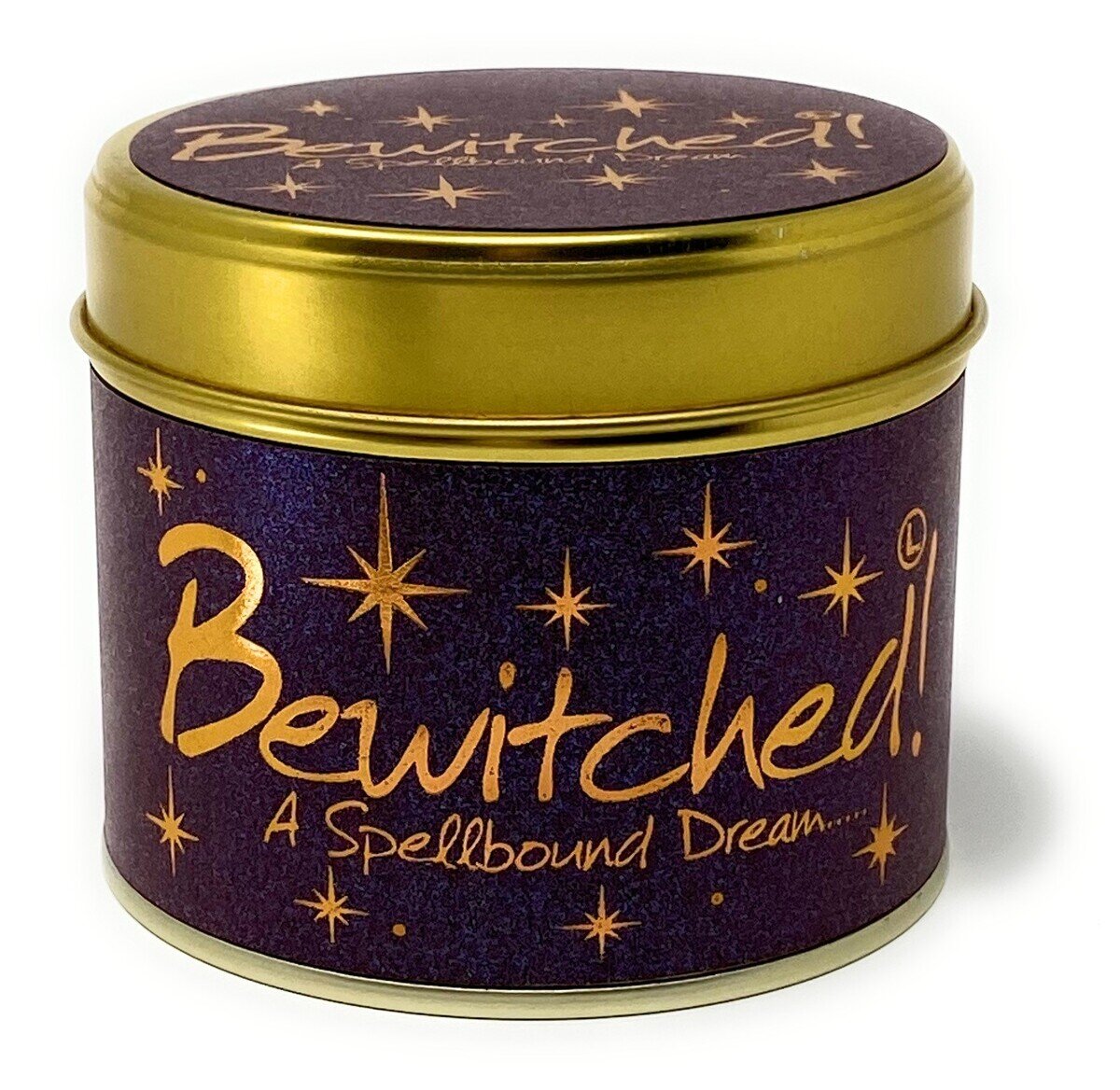 Lily-Flame Bewitched scented tin candle with witch-themed label and black wax, perfect for adding mystical ambiance.