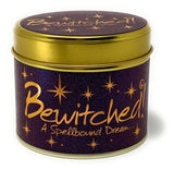 Lily-Flame Bewitched scented tin candle with witch-themed label and black wax, perfect for adding mystical ambiance.