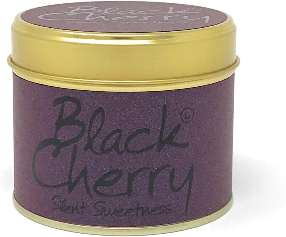 Black Cherry scented tin candle by Lily-Flame with a black and red floral design on the label.