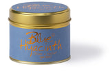 Blue Hyacinth scented tin candle by Lily-Flame, showcasing the decorative blue candle in a tin container with floral design.