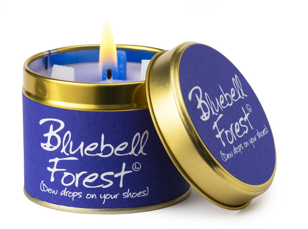 Bluebell Forest scented tin candle by Lily-Flame with a floral design and bluebell imagery on the packaging.
